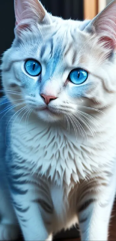 Blue-eyed cat with soft fur and striking gaze in mobile wallpaper.