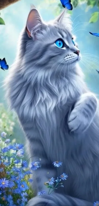 Blue-eyed cat surrounded by blue butterflies in a natural setting.