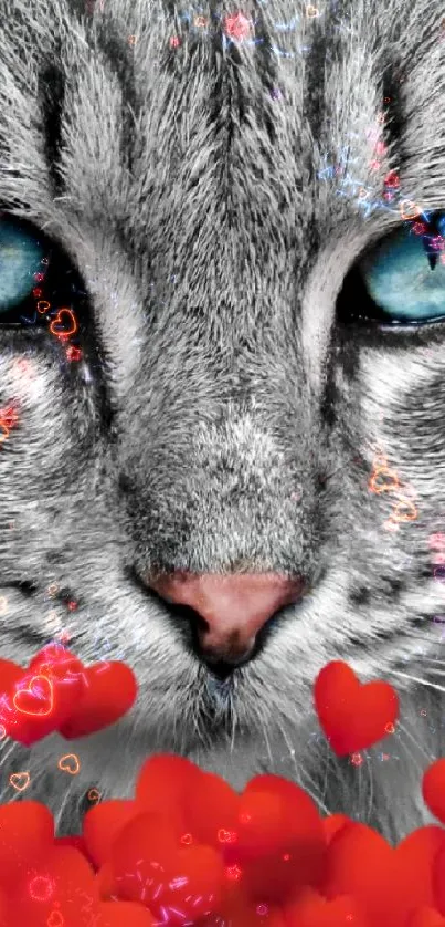 Gray cat with blue eyes and red hearts artistic wallpaper.