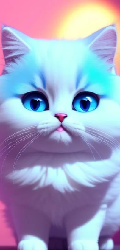 Fluffy cat with blue eyes on a pink background mobile wallpaper.