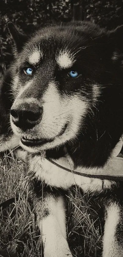 Husky dog with blue eyes in black and white setting.