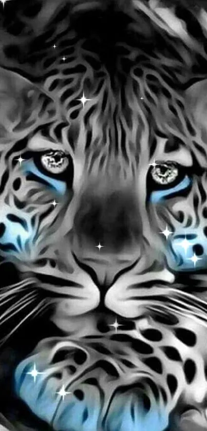 Black and white leopard with striking blue eyes on mobile wallpaper.