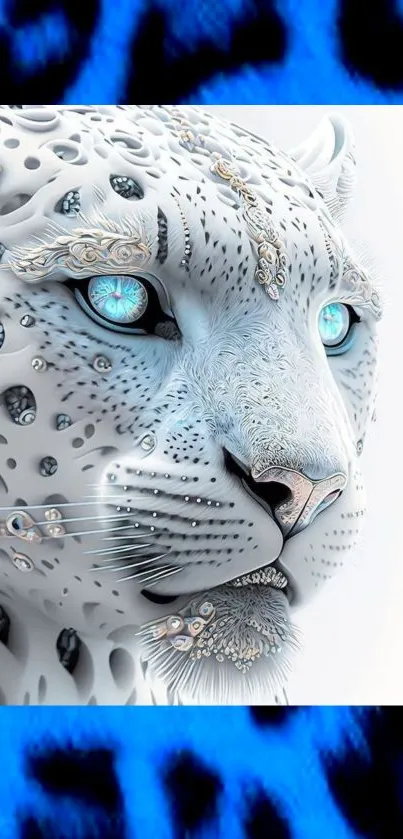 Digital art of a blue-eyed leopard with intricate details.