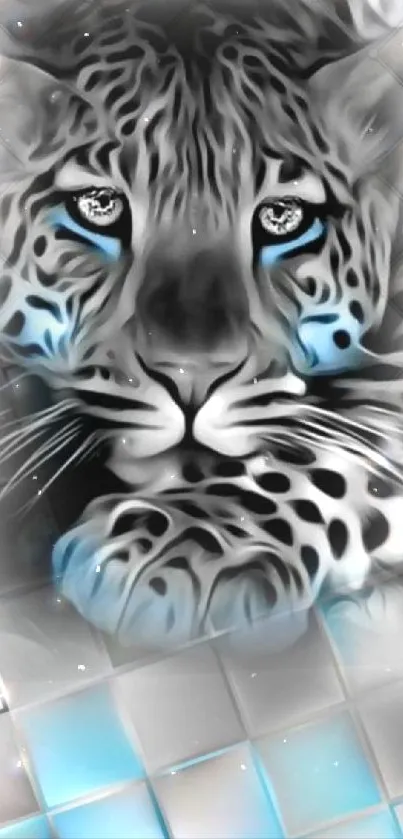 Blue-eyed leopard with silver and blue hues on a mobile wallpaper.