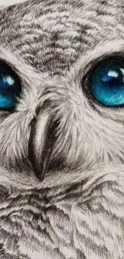 Detailed owl drawing with blue eyes and gray feathers on a phone wallpaper.