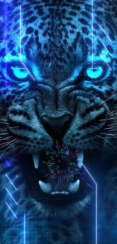 Blue-eyed panther digital wallpaper with vivid colors and intricate details.