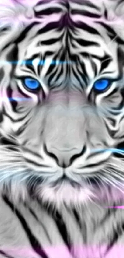 Stunning black and white tiger with striking blue eyes in digital art design.