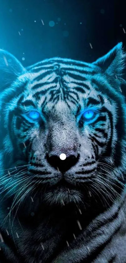 Majestic tiger with glowing blue eyes in a striking wallpaper.