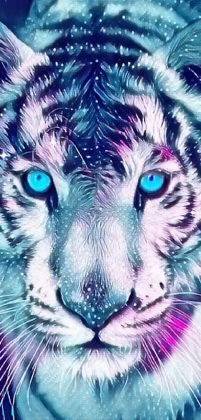 Blue-eyed white tiger mobile wallpaper with vibrant colors.