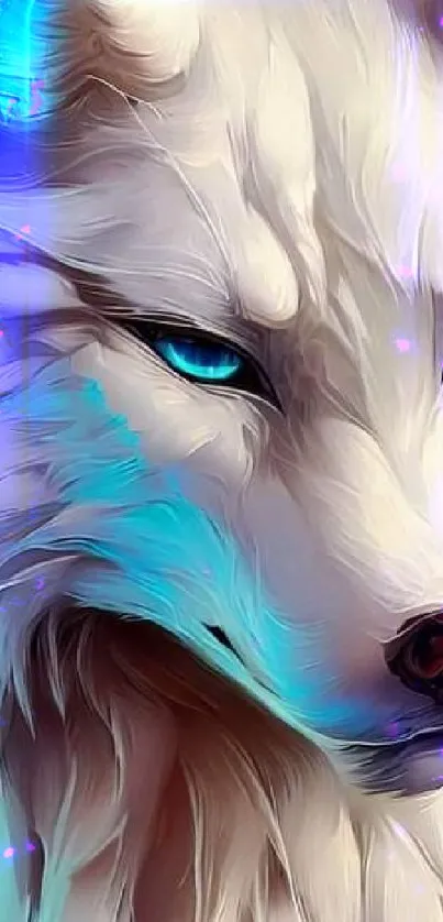 Digital painting of a wolf with vibrant blue eyes and turquoise accents.