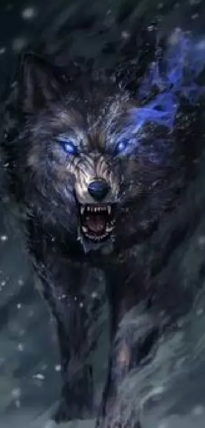 Mystical blue-eyed wolf in snow art wallpaper.