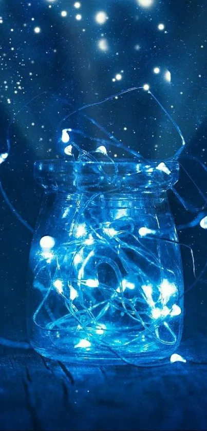 Enchanting blue fairy lights glowing in a transparent jar with a starry backdrop.