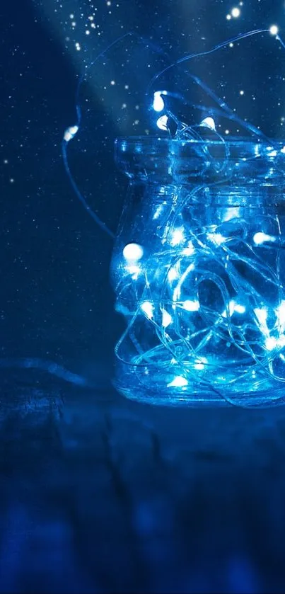 Blue fairy lights glowing in a glass jar against a starry night background.