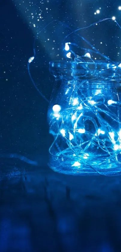 Jar of glowing blue fairy lights against a starry night sky wallpaper.