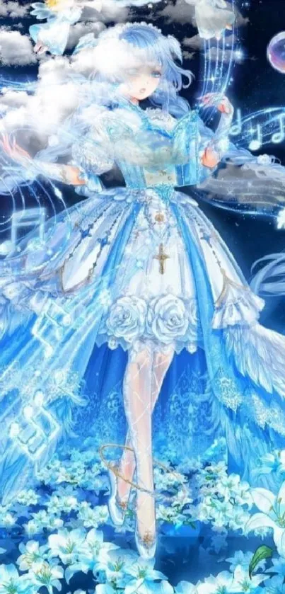 Fantasy anime angel in blue with music notes and flowers.