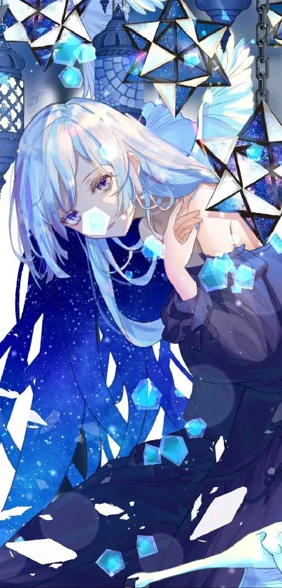 Anime girl with blue hair and stars, surrounded by lanterns.