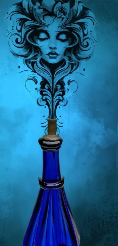 Mystical face rising from a blue bottle against a fantasy background.