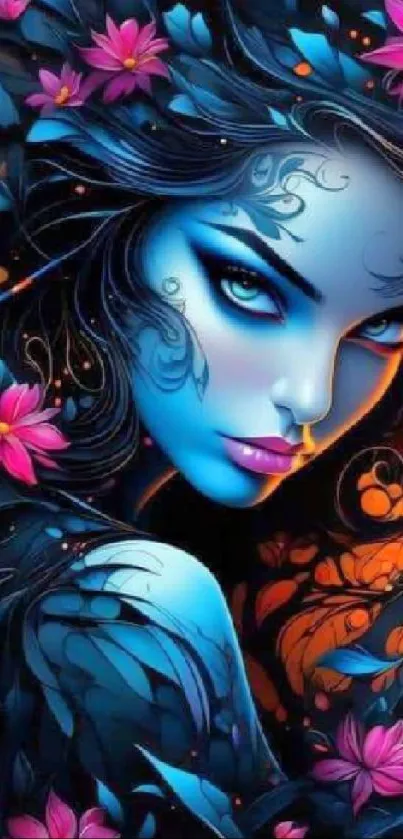 Fantasy art with blue woman and vibrant flowers.