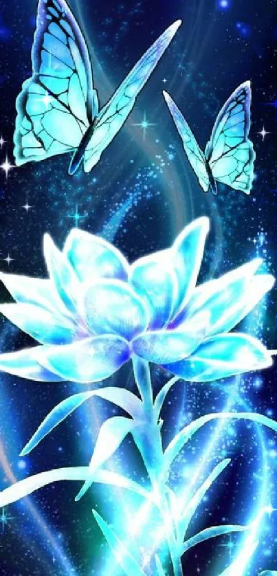 Blue butterflies and glowing flower in cosmic setting.