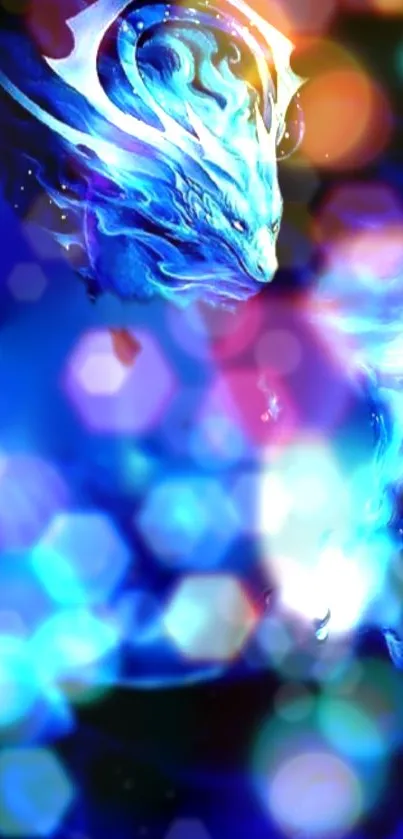 Blue fantasy creature with vibrant bokeh lights background.