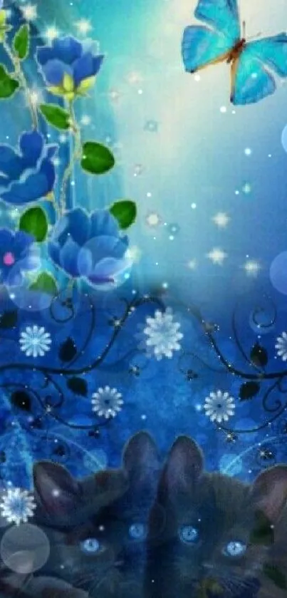 Blue themed wallpaper with flowers, a butterfly, and cats under a starry night.