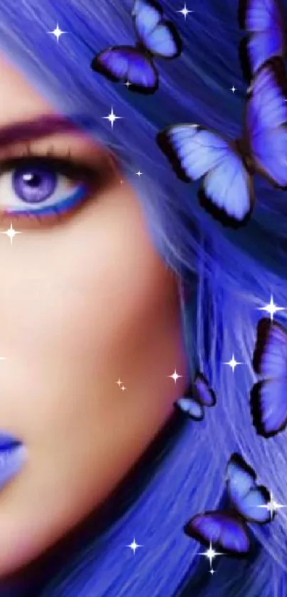 Fantasy blue portrait wallpaper with butterflies and flowers.