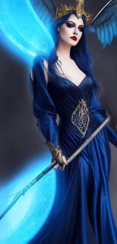 Blue warrior queen with wings and sword in a dark fantasy setting.