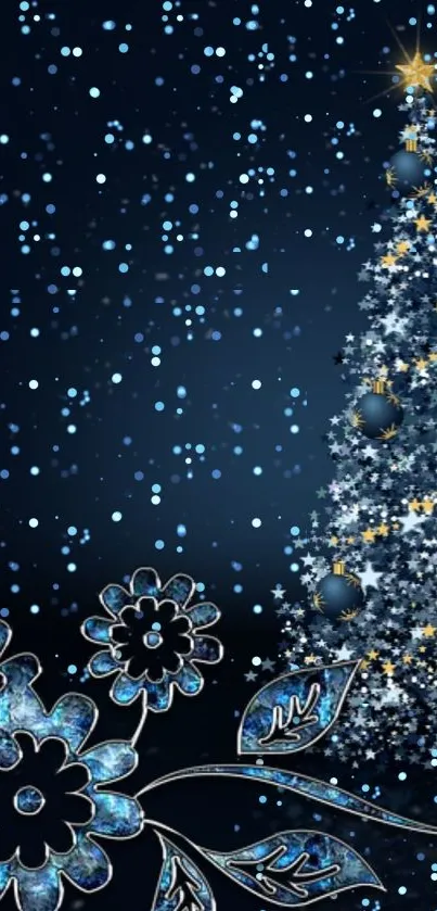 Blue festive Christmas tree with stars on dark background.