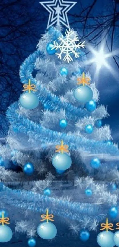 Blue Christmas tree with ornaments in a snowy scene.