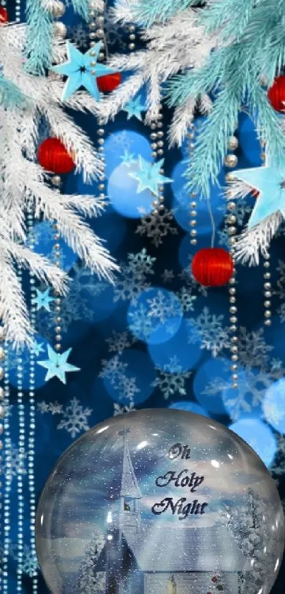 Festive winter mobile wallpaper with blue and snow globe decorations.