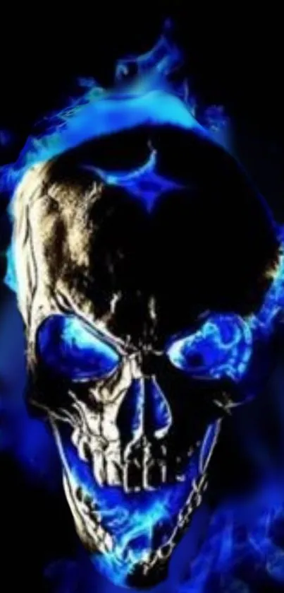 Skull engulfed in blue flames with a dark background.