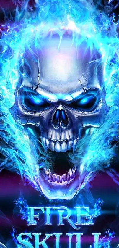 Skull engulfed in bright blue flames on a dark background.