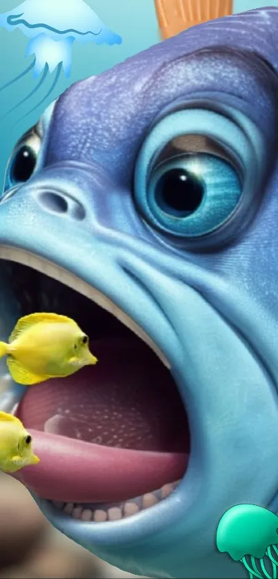 Cartoon blue fish with yellow companions and jellyfish in a vibrant ocean scene.