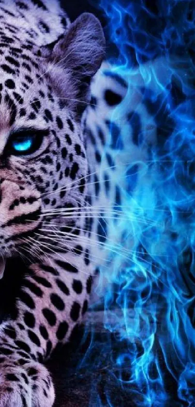 Fierce leopard with blue flames wallpaper.