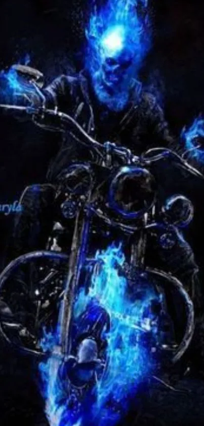 Blue flame motorcycle with abstract skull art.