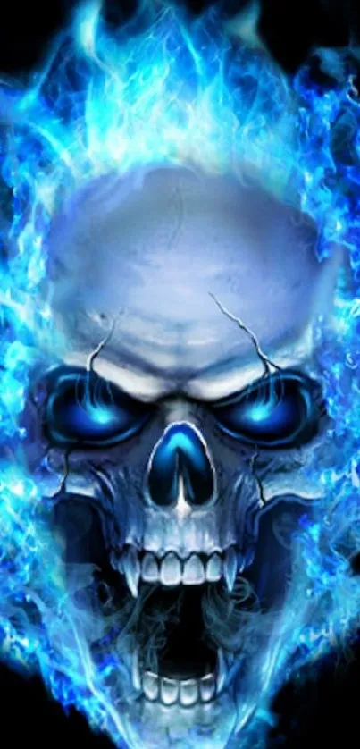 A vivid blue flame surrounds a detailed skull on a dark background.