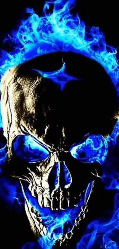 Vivid blue flame skull wallpaper with dark background.