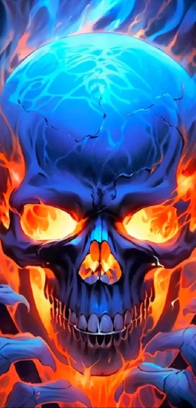 Vivid blue skull with intense flames.