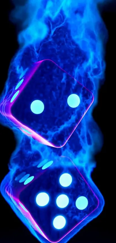 Blue flaming dice with neon glow on dark background.