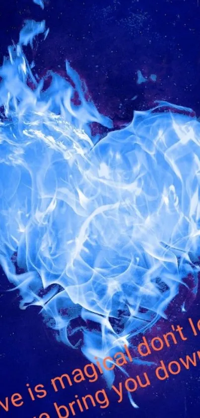 Blue flaming heart with magical flames on dark background.