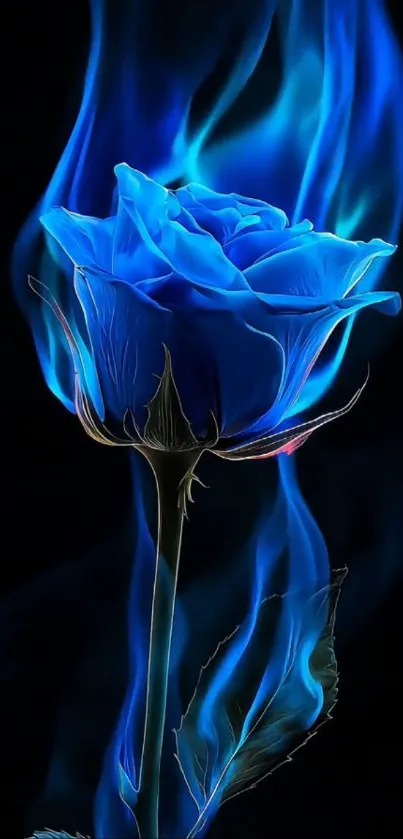 A blue rose surrounded by flames on a black background.