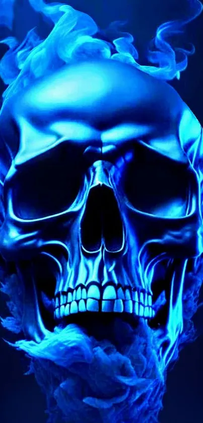 Blue flaming skull artwork on a dark background.