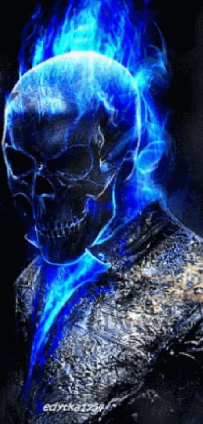 Blue flaming skull with dynamic flames, perfect for dark fantasy wallpapers.