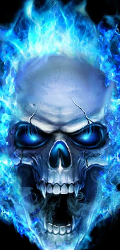 Blue flaming skull with fiery aura on black background.