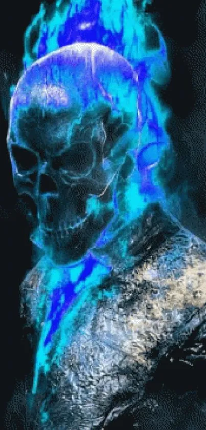 Skull with vibrant blue flames on dark background.