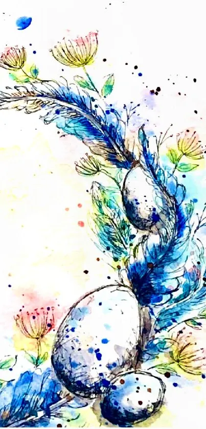 Floral abstract art wallpaper with blue hues and watercolor effects.