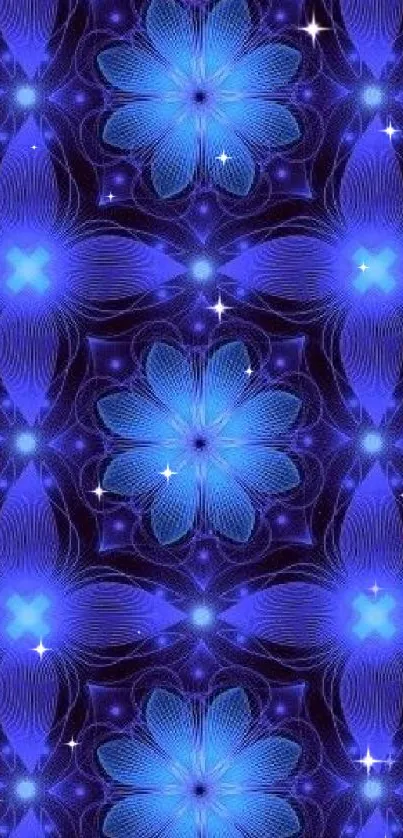 Blue abstract floral wallpaper with glowing patterns.