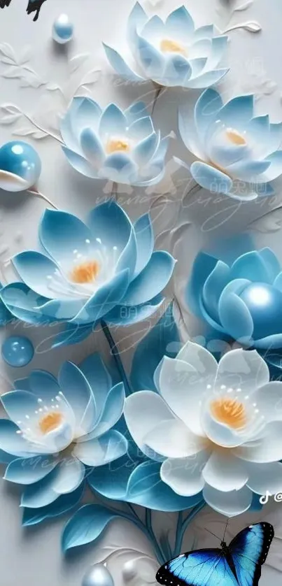 3D blue flowers and butterfly wallpaper design.