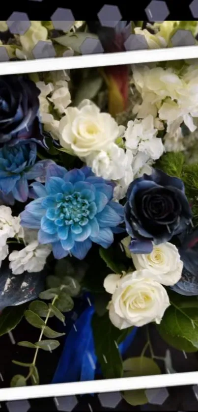 Floral bouquet with blue and white flowers in an elegant arrangement.