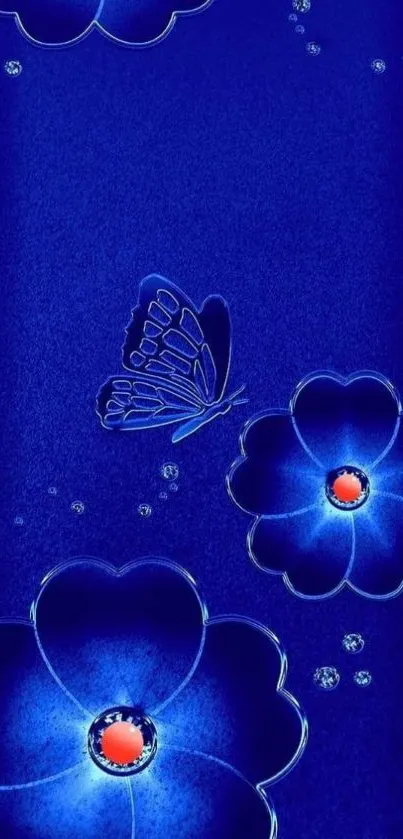 Blue wallpaper with flowers and butterfly art.